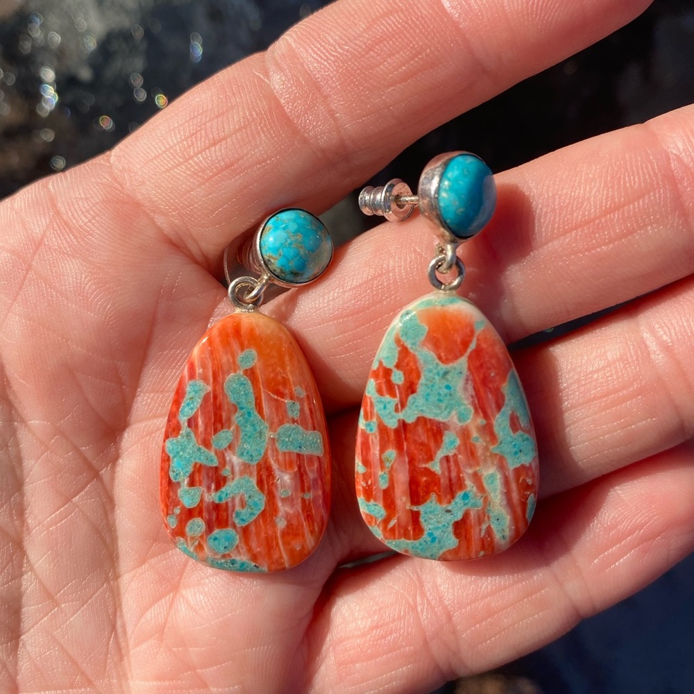 Marble orange and blue stone earrings
